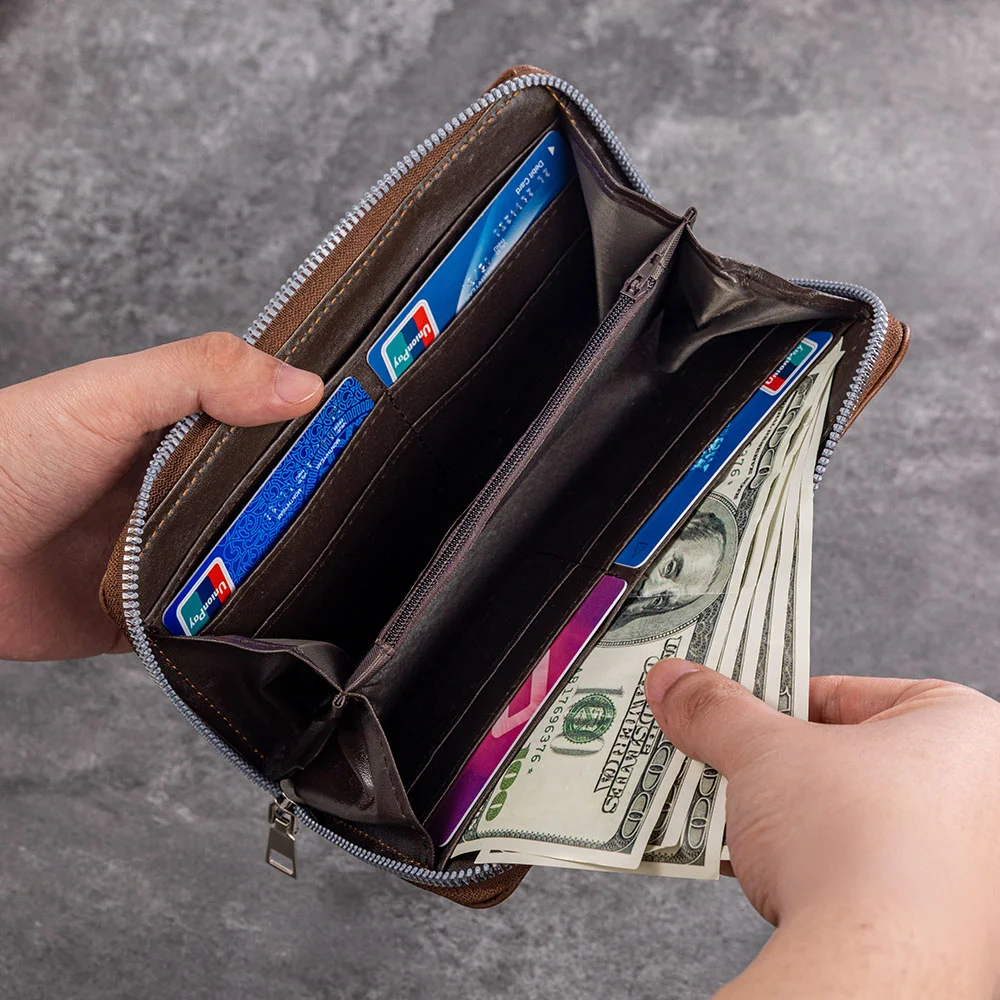 Personalized Engraved Text Portable Leather Zippered Man's Wallet with Wrist Strap and Phone Pocket Birthday Father's Day Anniversary Gift for Men