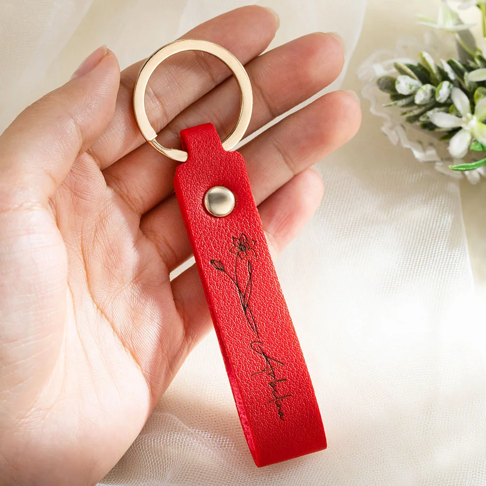 Personalized Birth Flower PU Leather Keychain with Engraved Name Wedding Party Birthday Gift for Her