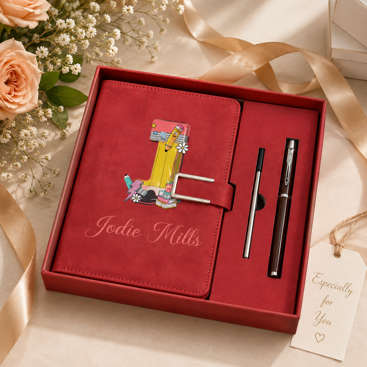 Personalized Yellow Pencil Initial PU Leather A5 Notebook and Pen Set with Name Back to School Teacher's Day Gift for Teacher