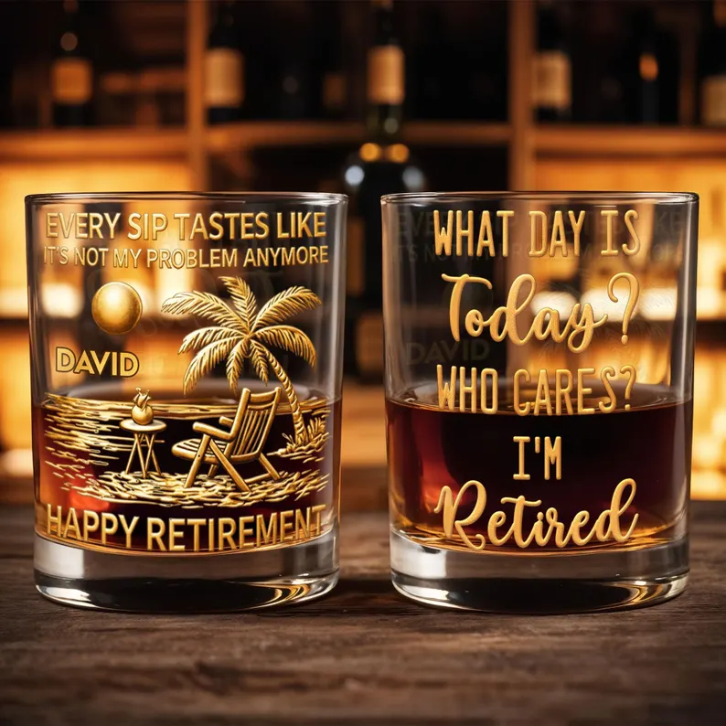Personalized Retirement Whiskey Glass 2D Flat, Custom Happy Retirement Bourbon Tumbler, Funny Retired Gift for Men Dad Grandpa
