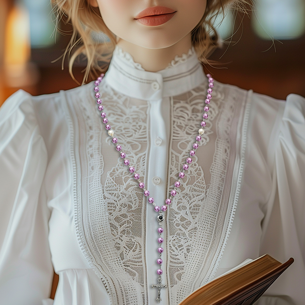 Personalized Photo Projection Multi-Color Rosary Beads Cross Necklace with Photo Memorial Gift for Women