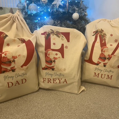 Personalized Christmas Santa Sack with Name & Initial, Custom Santa Gift Bag with Santa Claus Design, Holiday Present Sack