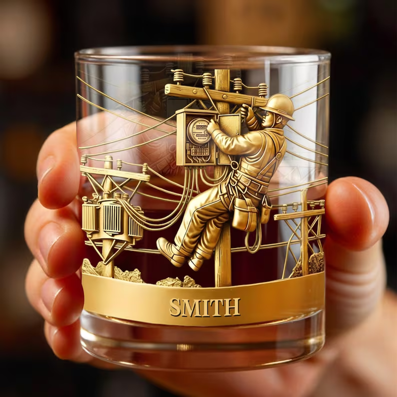 Personalized Lineman Whiskey Glass, Custom Electrician Bourbon Glass, Utility Worker Gift for Men, Power Line Worker Rocks Glass