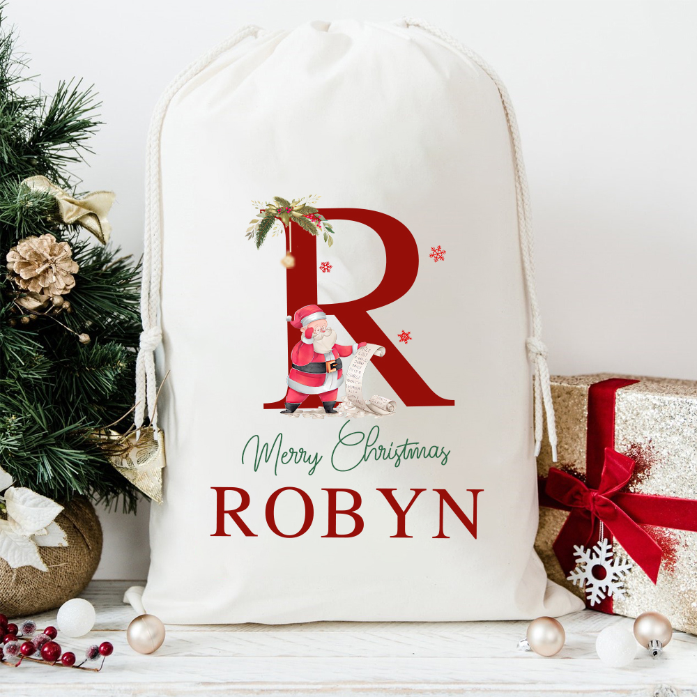 Personalized Christmas Santa Sack with Name & Initial, Custom Cotton Gift Bag with Santa Claus, Holiday Gift Sack