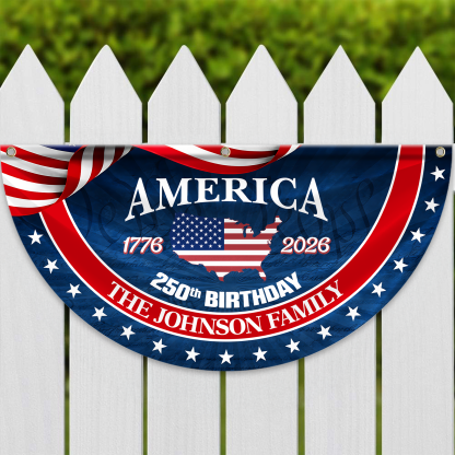 Personalized America 250th Anniversary Bunting Flag Custom Family Name America 250 Birthday 1776-2026 Non-Pleated Fan Flag