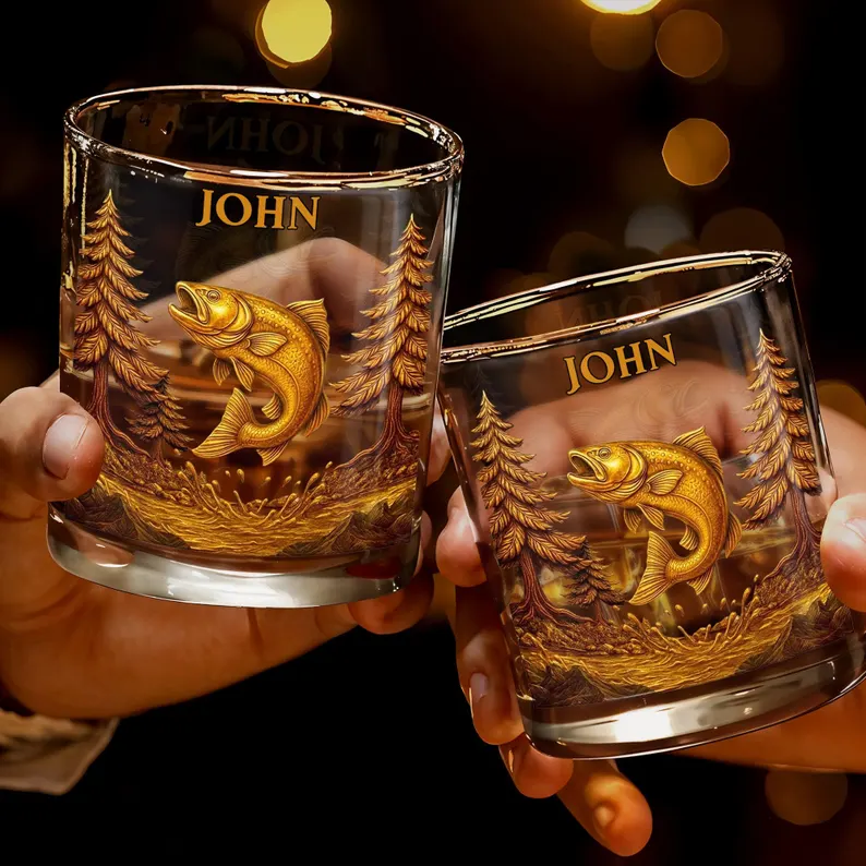 Custom Bass Fishing Whiskey Glass 2D Flat, Personalized Angler Bourbon Tumbler, Fisherman Gift for Men Dad Grandpa with Name