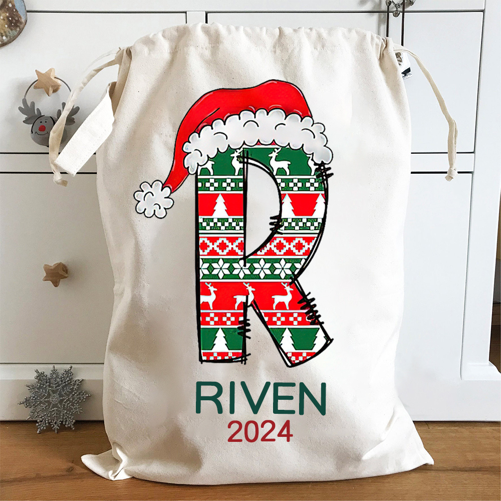 Personalized Christmas Santa Sack, Custom Initial & Name Gift Bag, Holiday Cotton Present Sack for Kids & Adults