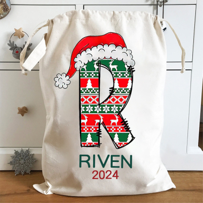 Personalized Christmas Santa Sack, Custom Initial & Name Gift Bag, Holiday Cotton Present Sack for Kids & Adults