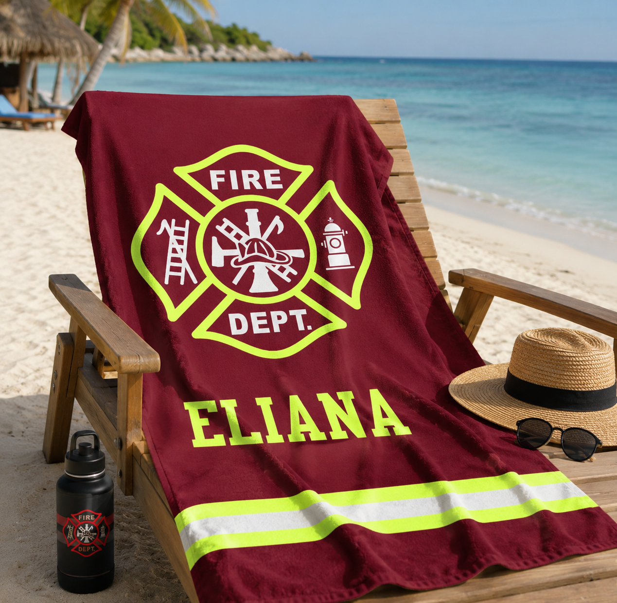 Personalized Firefighting Element Oversized Quick Dry Beach Towel with Name Beach Travel Essentials Father's Day Birthday Gift for Firefighter Dad