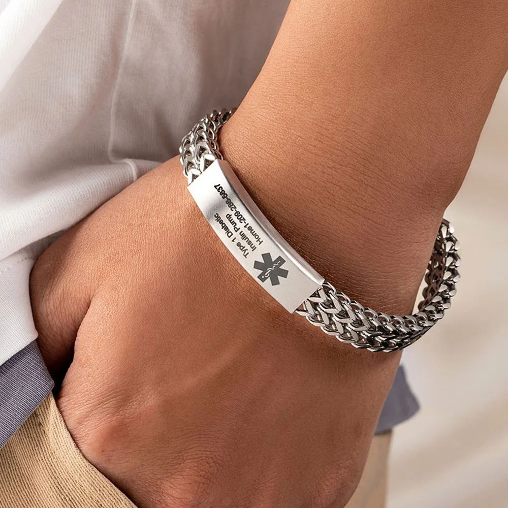 Custom Senior Medical Alert Bracelet with Engraved ID Plate, Stainless Steel Emergency Wristband for Dad, Mom & Travelers