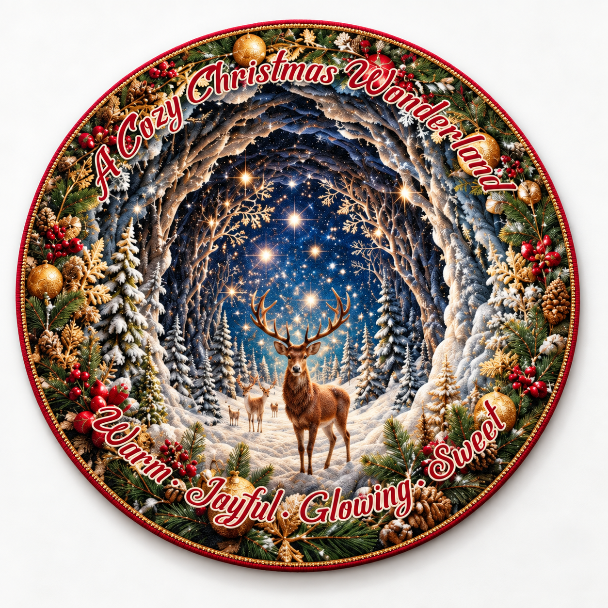 Christmas 3D Vortex Optical Illusion Round Rug Non-Slip Decorative Floor Mat, Winter Snow Forest Deer Snowman Vintage Red Truck Cabin Wreath Pattern, Indoor Holiday Home Decor Gift For Family, Christmas Enthusiasts