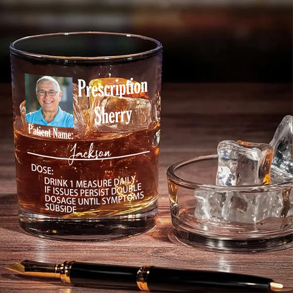 Personalized Funny Prescription Photo 10 oz Whiskey Glass with Name and Alcohol Name Birthday Father's Day Gift for Dad Grandpa Whiskey Lovers