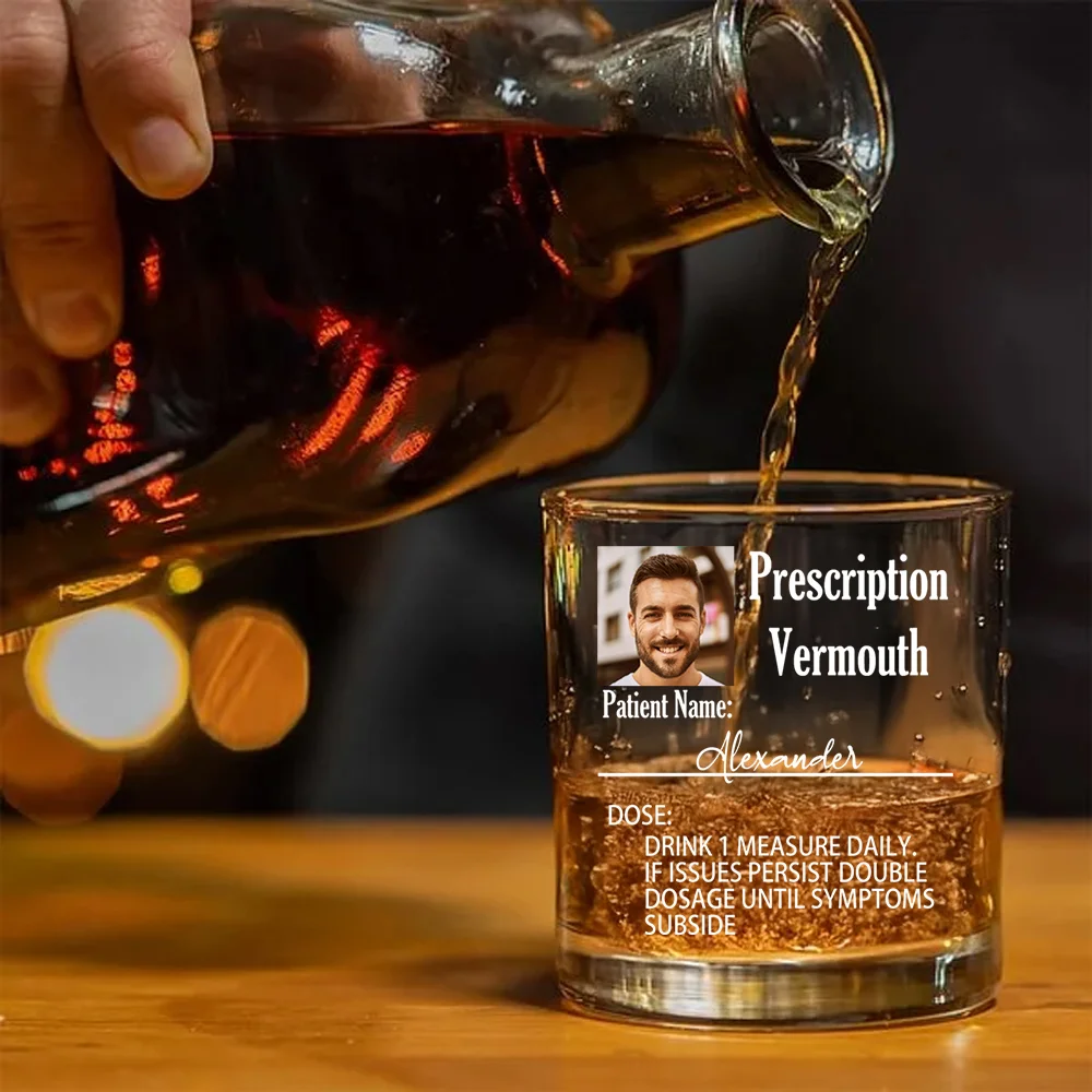 Personalized Funny Prescription Photo 10 oz Whiskey Glass with Name and Alcohol Name Birthday Father's Day Gift for Dad Grandpa Whiskey Lovers