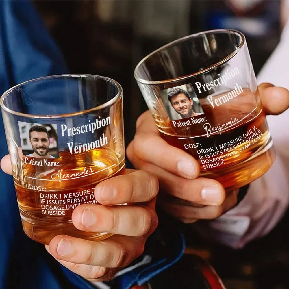 Personalized Funny Prescription Photo 10 oz Whiskey Glass with Name and Alcohol Name Birthday Father's Day Gift for Dad Grandpa Whiskey Lovers