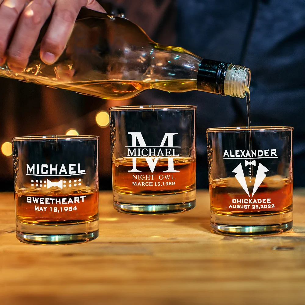 Personalized Bow Tie Monogram 10oz Whiskey Rocks Glass with Engraved Name and Date Birthday Wedding Gift for Men Groomsman