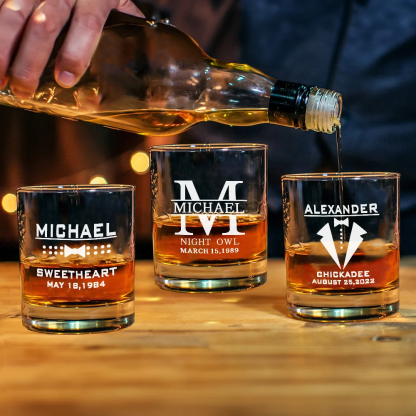 Personalized Bow Tie Monogram 10oz Whiskey Rocks Glass with Engraved Name and Date Birthday Wedding Gift for Men Groomsman