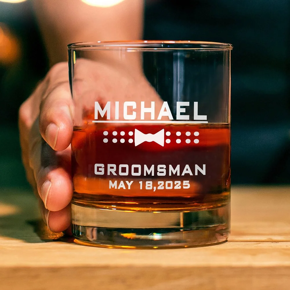 Personalized Bow Tie Monogram 10oz Whiskey Rocks Glass with Engraved Name and Date Birthday Wedding Gift for Men Groomsman