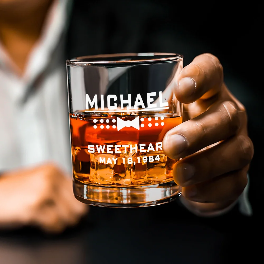 Personalized Bow Tie Monogram 10oz Whiskey Rocks Glass with Engraved Name and Date Birthday Wedding Gift for Men Groomsman