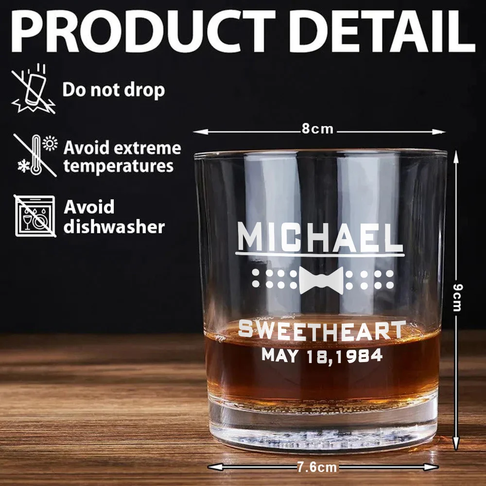 Personalized Bow Tie Monogram 10oz Whiskey Rocks Glass with Engraved Name and Date Birthday Wedding Gift for Men Groomsman