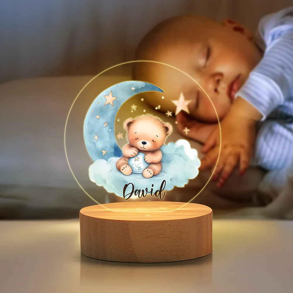 Personalized Moon Star Teddy Bear Acrylic LED Night Light with Wooden Base and Name Home Decoration Baby Shower Birthday Gift for Boys Girls