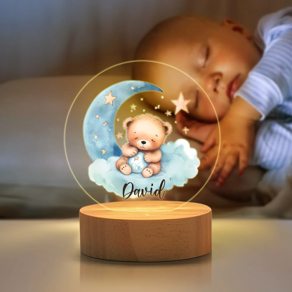 Personalized Moon Star Teddy Bear Acrylic LED Night Light with Wooden Base and Name Home Decoration Baby Shower Birthday Gift for Boys Girls
