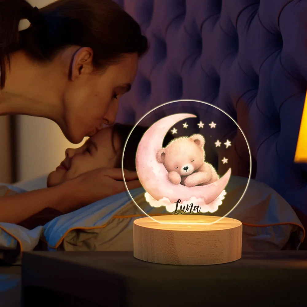 Personalized Moon Star Teddy Bear Acrylic LED Night Light with Wooden Base and Name Home Decoration Baby Shower Birthday Gift for Boys Girls