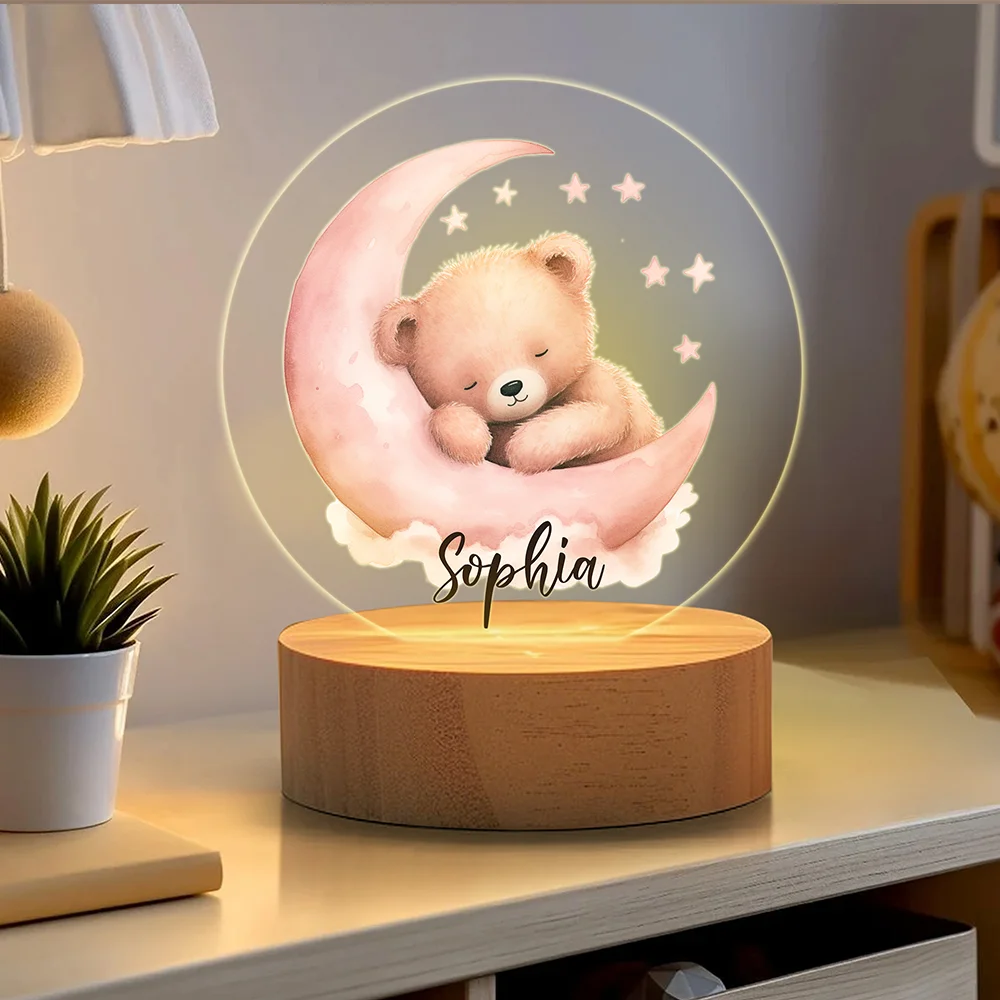 Personalized Moon Star Teddy Bear Acrylic LED Night Light with Wooden Base and Name Home Decoration Baby Shower Birthday Gift for Boys Girls