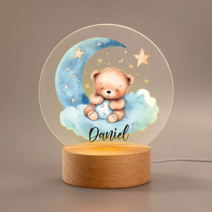 Personalized Moon Star Teddy Bear Acrylic LED Night Light with Wooden Base and Name Home Decoration Baby Shower Birthday Gift for Boys Girls