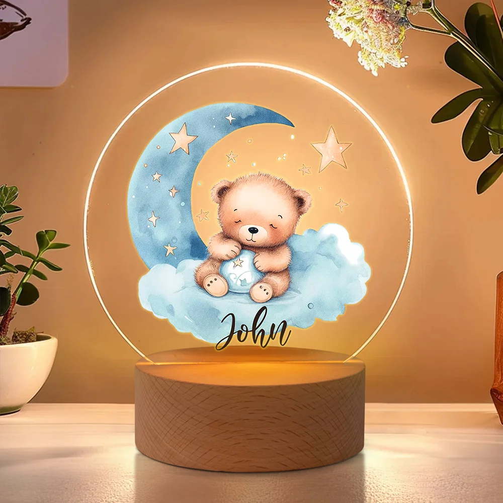 Personalized Moon Star Teddy Bear Acrylic LED Night Light with Wooden Base and Name Home Decoration Baby Shower Birthday Gift for Boys Girls