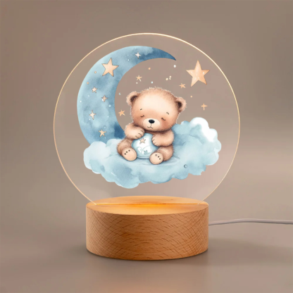 Personalized Moon Star Teddy Bear Acrylic LED Night Light with Wooden Base and Name Home Decoration Baby Shower Birthday Gift for Boys Girls