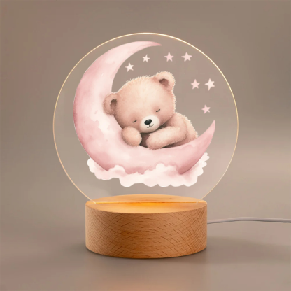 Personalized Moon Star Teddy Bear Acrylic LED Night Light with Wooden Base and Name Home Decoration Baby Shower Birthday Gift for Boys Girls