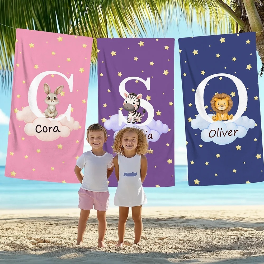 Personalized Multicolor Cloud Star Forest Animal Oversized Quick Dry Beach Towel with Initial and Name Birthday Beach Pool Party Gift for Boys Girls