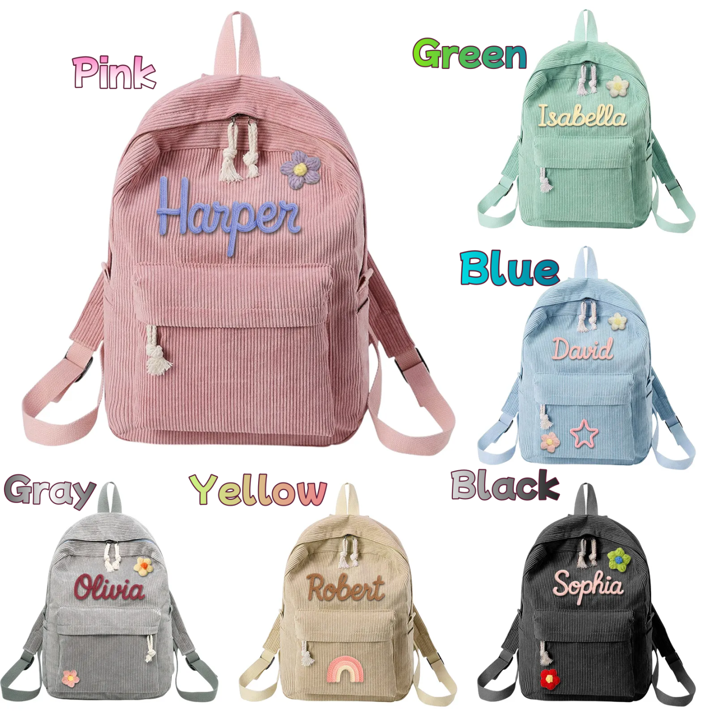 Personalized Backpack Braided Flower Rainbow Name Corduroy Backpack Birthday Gift Custom Toddler School Bag