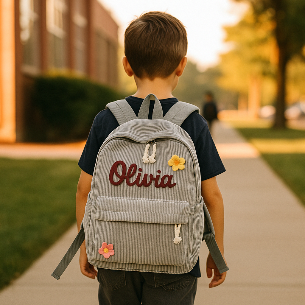 Personalized Braided Flower Rainbow Name Corduroy Kid Toddler Backpack for Preschool Kindergarten Birthday Back to School Gift for Boys Girls