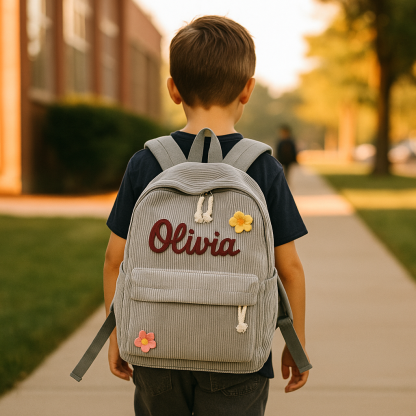 Personalized Braided Flower Rainbow Name Corduroy Kid Toddler Backpack for Preschool Kindergarten Birthday Back to School Gift for Boys Girls