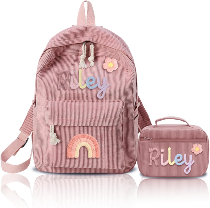 Personalized Corduroy Backpack for Girls & Boys, Custom School Bag with Cotton Rope Woven, Monogram Book Bag for Toddlers and Kids Back to School Gifts