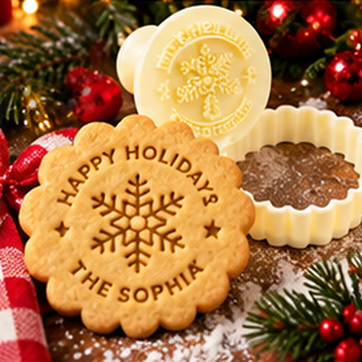 Personalized Snowflake Cookie Cutter Stamp, Custom Christmas Cookie Press for Winter Baking