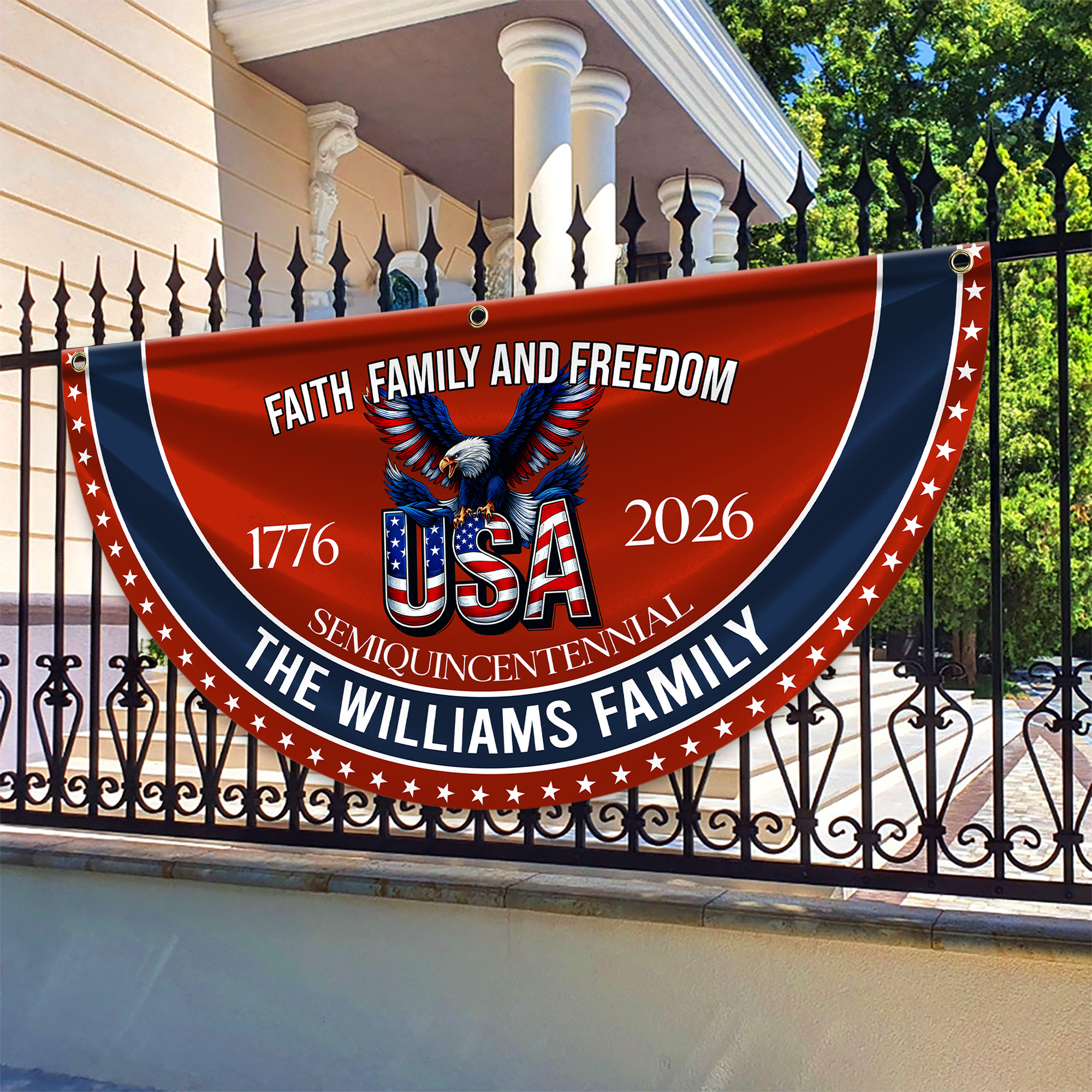 Personalized America 250th Anniversary Bunting Flag Custom Family Name Faith, Family & Freedom America 250 Years Non-Pleated Fan Flag CH07 910236