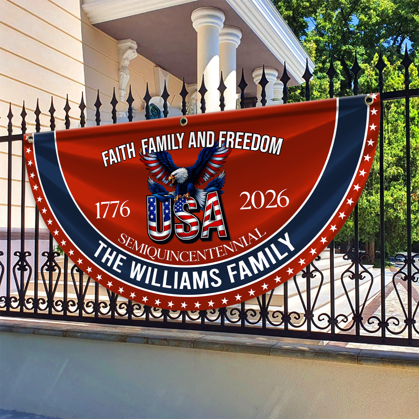 Personalized America 250th Anniversary Bunting Flag Custom Family Name Faith, Family & Freedom America 250 Years Non-Pleated Fan Flag CH07 910236