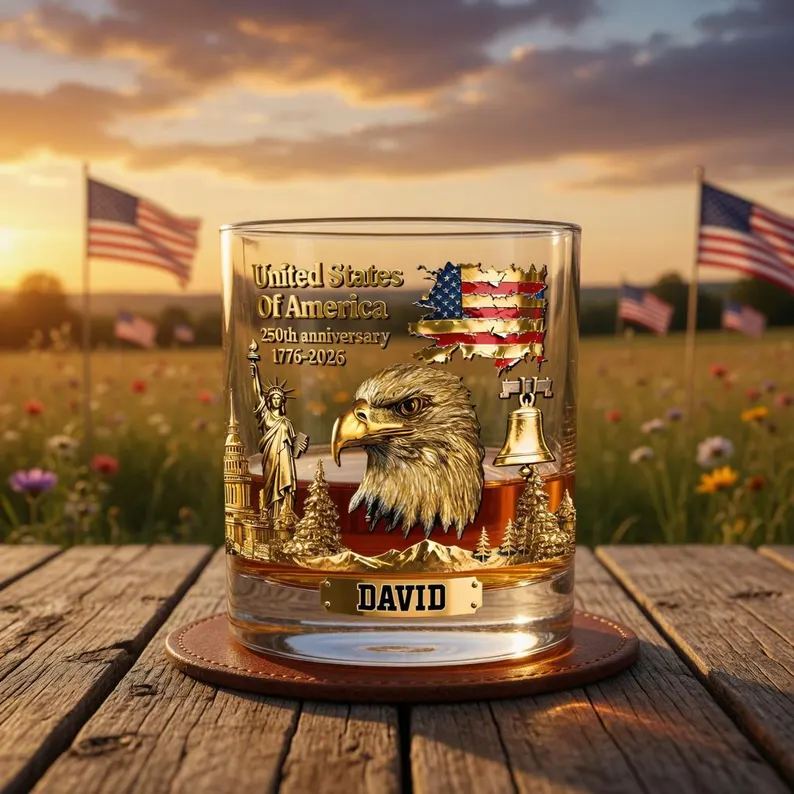 250th USA Anniversary Whiskey Glass, Patriotic Cup Gift For Him, Custom Name, 4th of July Whiskey Mug, Gift For Men