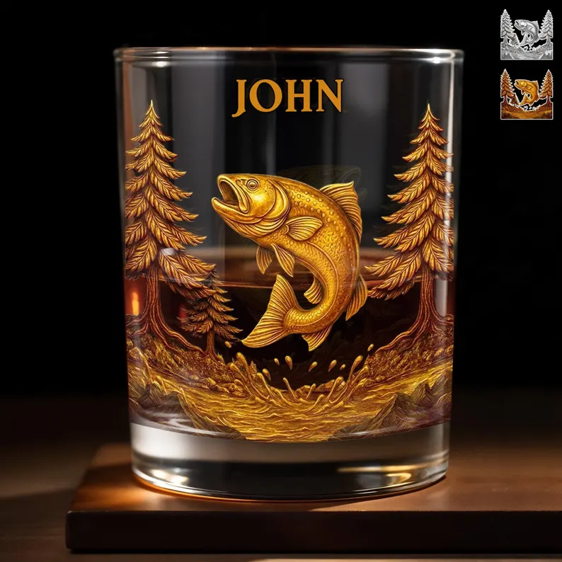 Custom Bass Fishing Whiskey Glass 2D Flat, Personalized Angler Bourbon Tumbler, Fisherman Gift for Men Dad Grandpa with Name