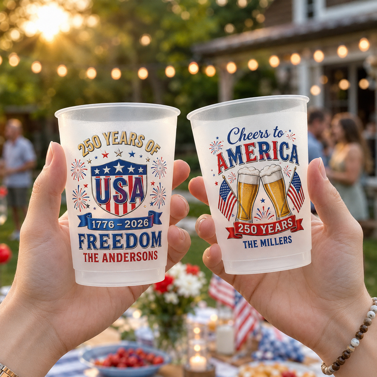 Custom Patriotic USA Party Cups, Personalized Stars and Stripes Frosted Cups for 4th of July Celebration