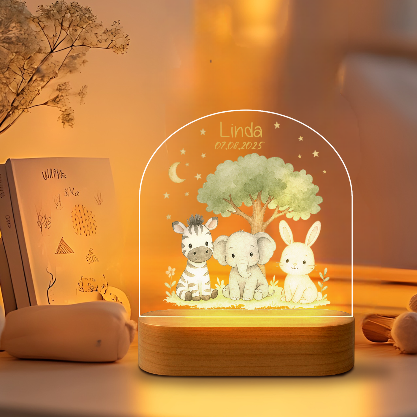 Custom Acrylic Animal Night Light for Kids – Personalized Name Lamp with Pink Bear, Blue Elephant, Bunny, Deer, Panda, Zebra & More Designs, Soft Bedside Glow for Baby Room & Nursery Decor