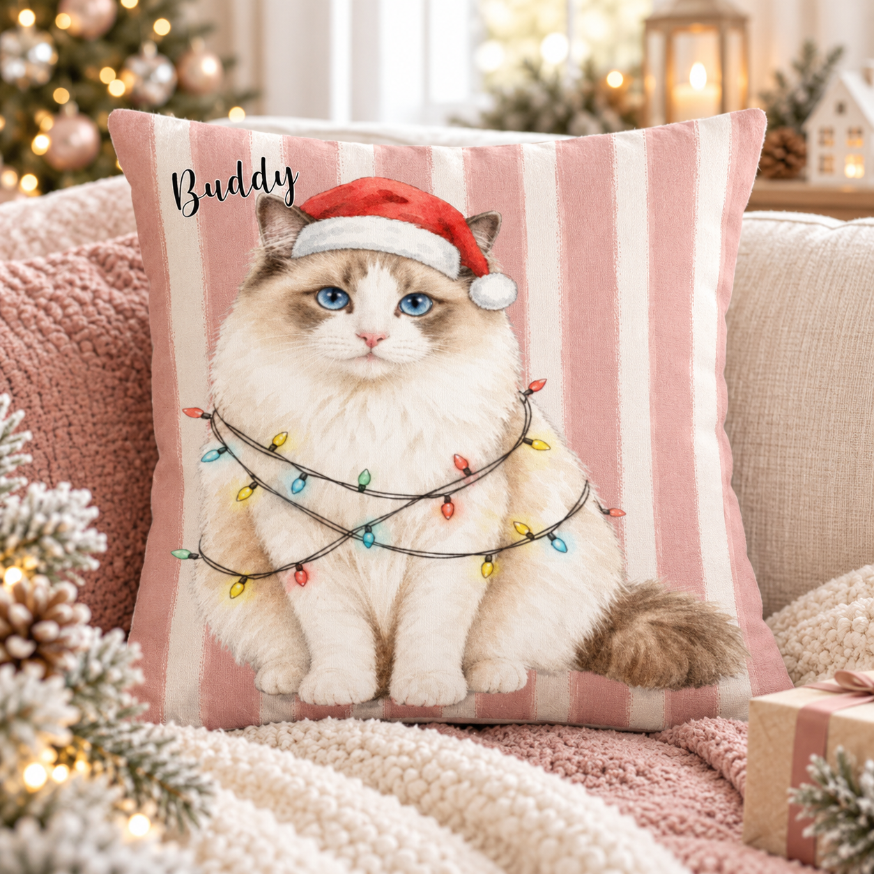 Custom Pet Photo Watercolor Art Christmas Winter Decor Gift - Personalized Pillow