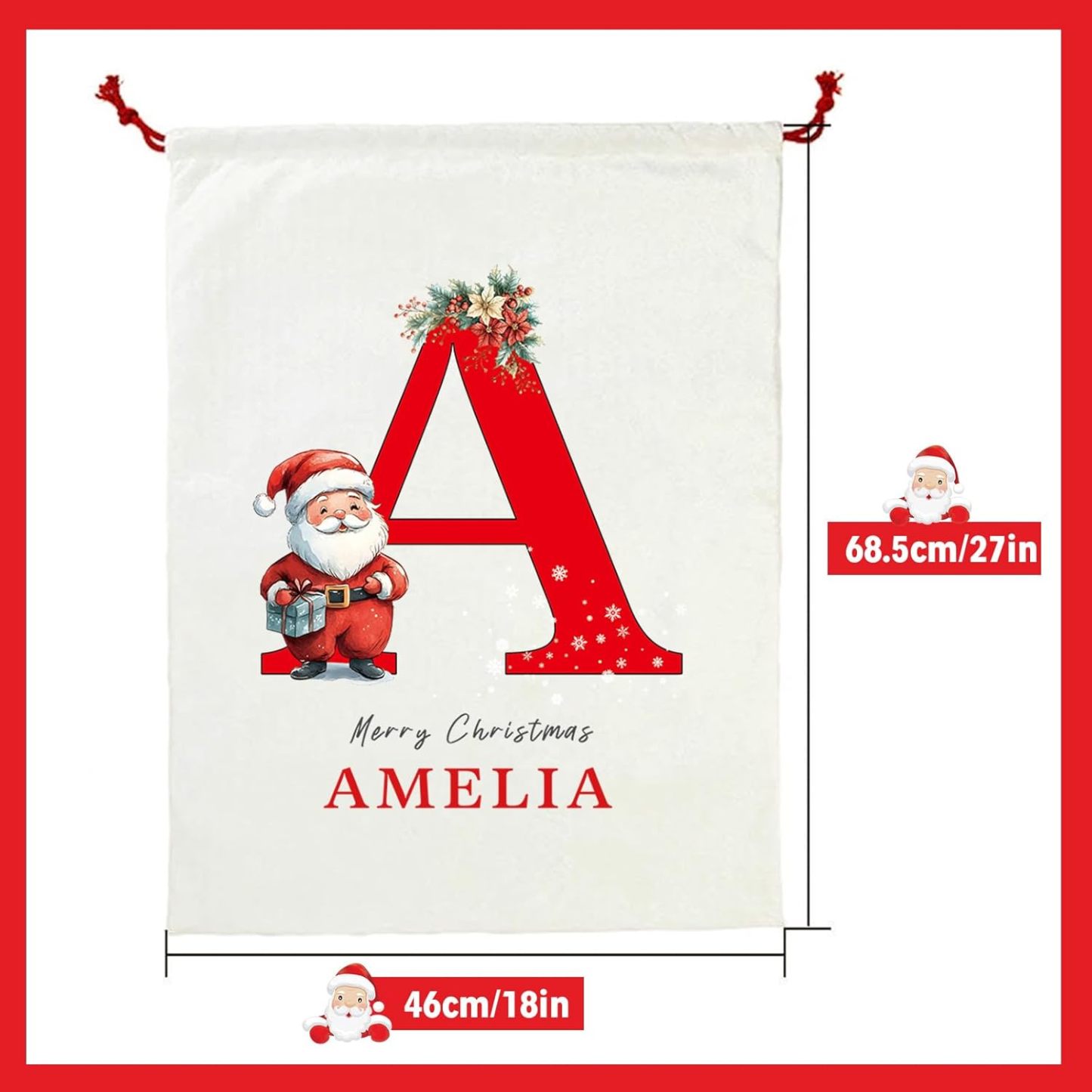 Personalized Christmas Santa Sack, Custom Xmas Canvas Drawstring Bags with Initial & Name for Kids, Christmas Gift Doll Bags for Holiday Presents Christmas Eve Box Large Sack Bag