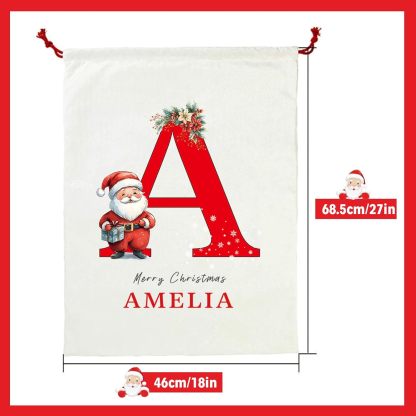 Personalized Christmas Santa Sack, Custom Xmas Canvas Drawstring Bags with Initial & Name for Kids, Christmas Gift Doll Bags for Holiday Presents Christmas Eve Box Large Sack Bag