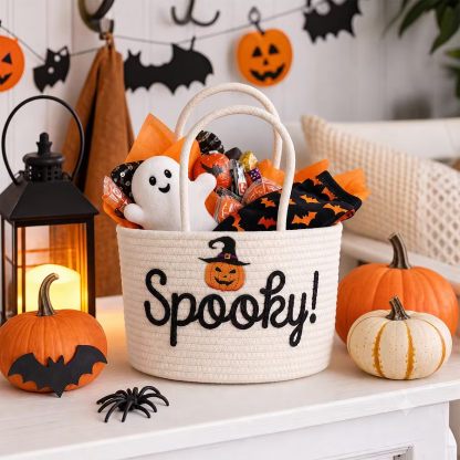 Custom Halloween Basket for Child Personalized Halloween Trick or Treat Bag with Cotton Rope Embroidery Name Customized Kids Woven Halloween Candy Bucket Gifts for Boys Girls