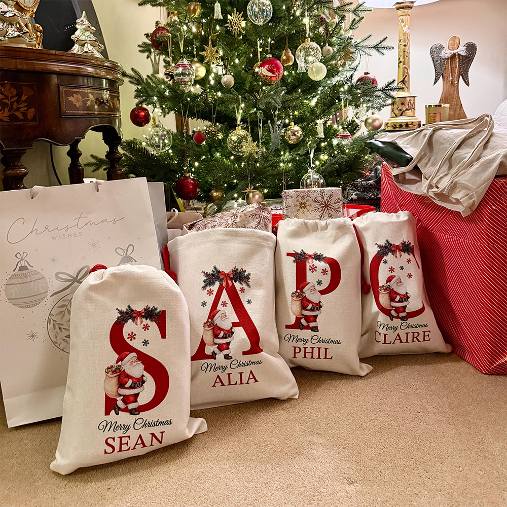 Personalized Monogram Christmas Santa Sack, Custom Canvas Gift Bag, Large Holiday Present Sack for Kids, Reusable Santa Gift Bag