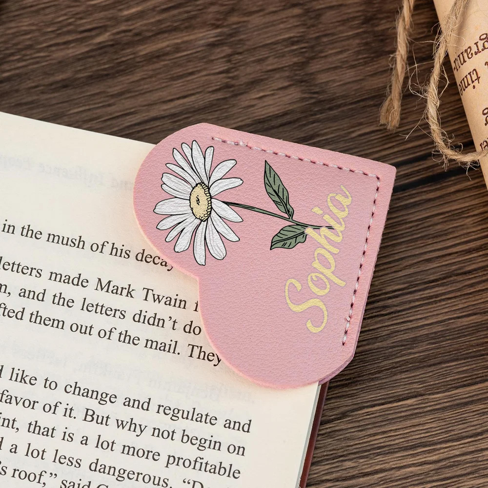 Personalized PU Leather Birth Flower Heart Bookmark with Name Birthday Anniversary Gift for Book Lovers Bookworms