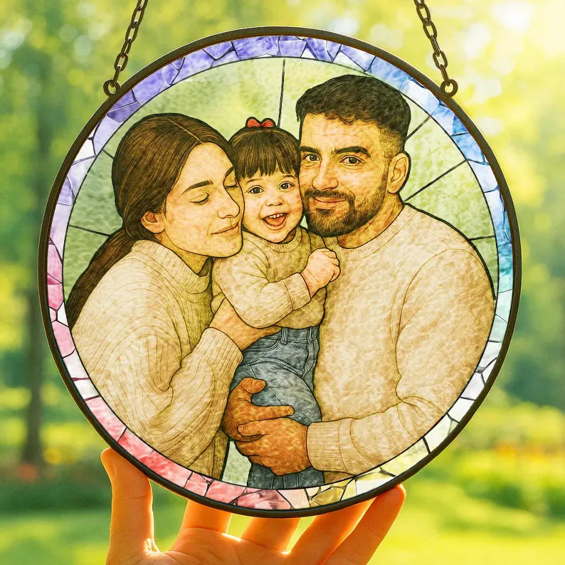 Custom Stained Glass Family Portrait Suncatcher Personalized Photo Window Hanging Gift for Mom Dad Grandma Couple Kids Sun Catcher Keepsake